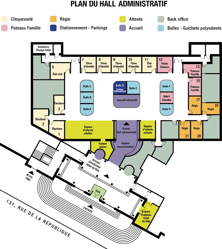 Plan du hall administratif de la mairie de Puteaux